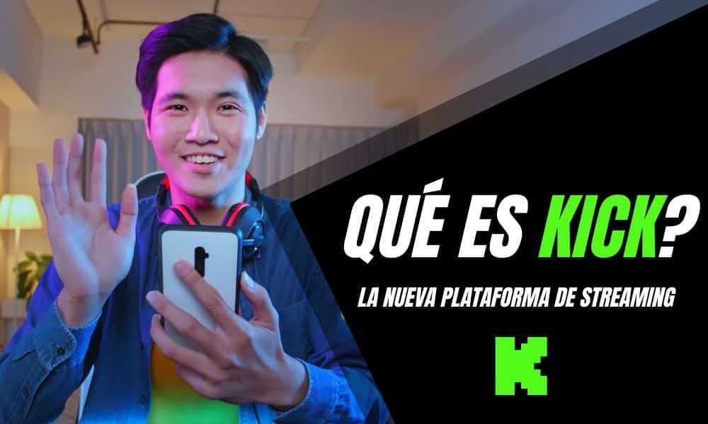 Hombre joven sonriendo y saludando mientras sostiene un teléfono móvil con audífonos al cuello. Texto en la imagen: "¿Qué es Kick? La nueva plataforma de streaming", con el logo de Kick en la parte inferior derecha.