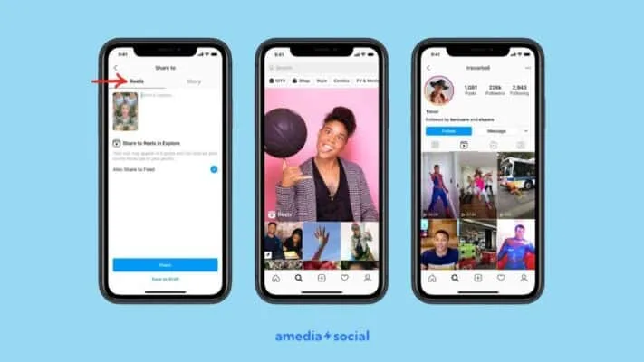 3 capturas de pantallas en modo movile muestrando cómo funcionan los reels de Instagram