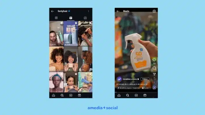 dos capturas de pantallas muestrando como los brands venden sus productos en los reels de Instagram